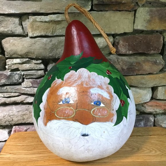 VTG Gourd Hand Painted Santa Holly Artist Signed Hand Crafted Artisan Christmas - Picture 7 of 8